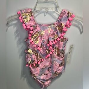 Nicole Miller One Piece Girls Size 6X Striped Ruffle Swimsuit  Pom Pom detail